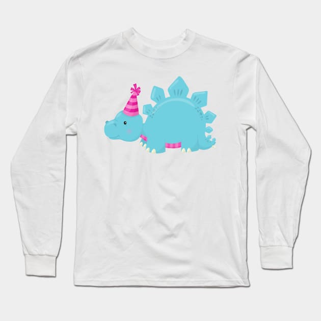 Birthday Dinosaur, Party Dinosaur, Blue Dinosaur Long Sleeve T-Shirt by Jelena Dunčević